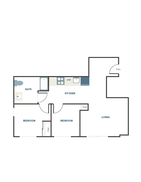 Floor plan for 2 beds, 1 bath, 618 sqft